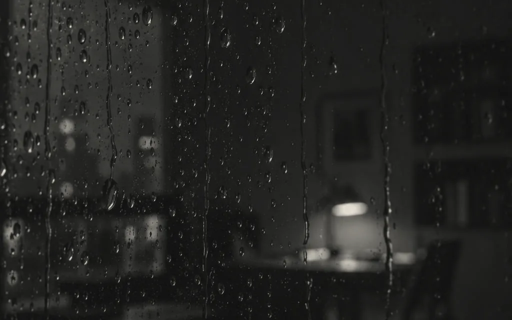 Rain on a window at night, a lamp-lit room behind it: Spine's kept picture moment-3, in Spine's black and cream under a dot screen.