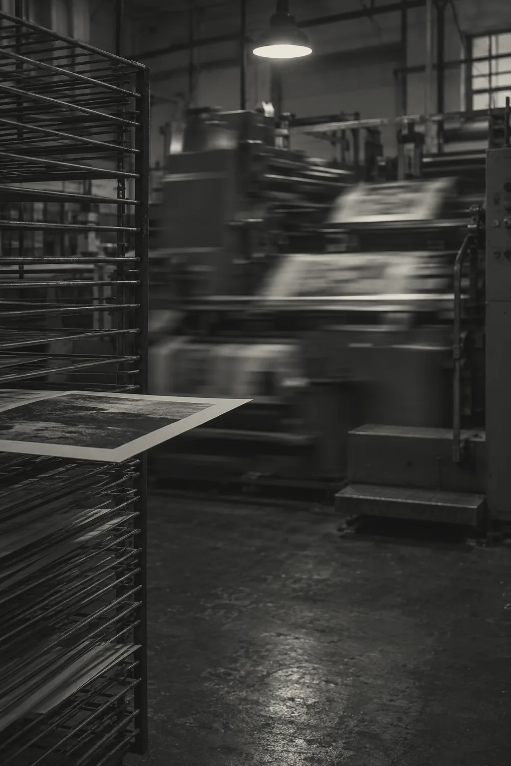 A print run moving through a press, the sheet caught mid-pass: Spine's kept picture work-1, in Spine's black and cream under a dot screen.